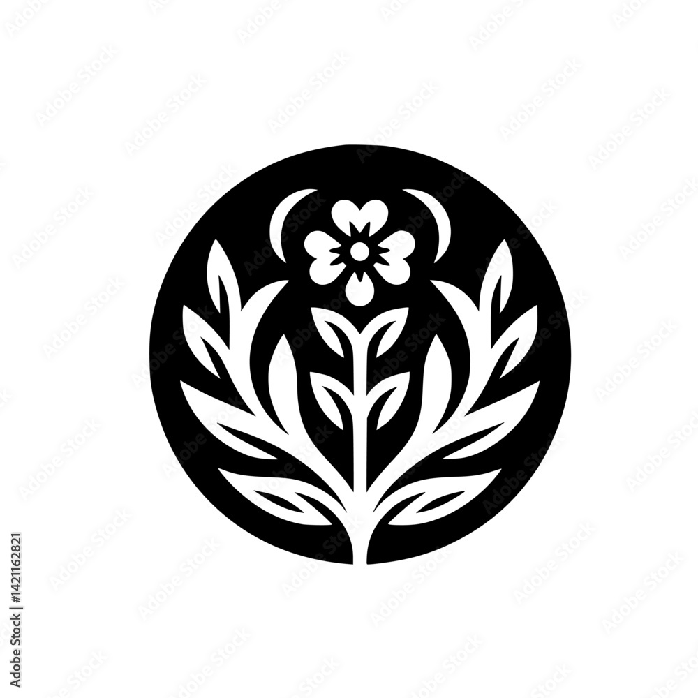 Minimalist Floral Emblem: Black and White Nature Design in Circle