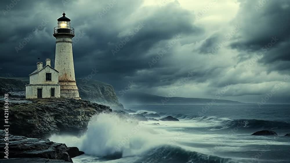Dramatic Seascape with Lighthouse Against a Stormy Sky and Crashing Waves at Dusk Dramatic Seascape with Lighthouse Against a Stormy Sky and Crashing Waves at Dusk