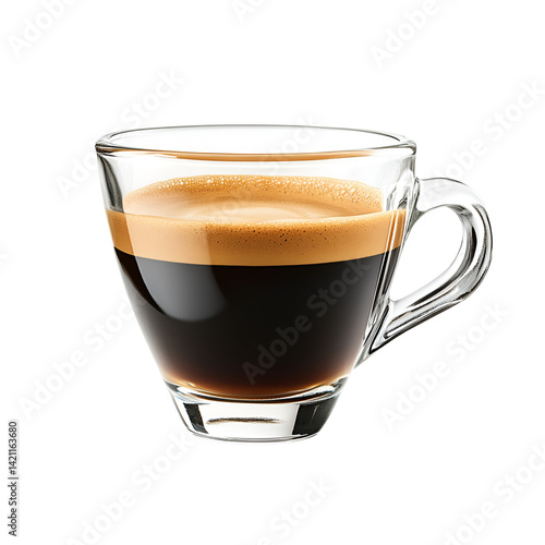 Espresso in a clear glass cup rich dark coffee crema