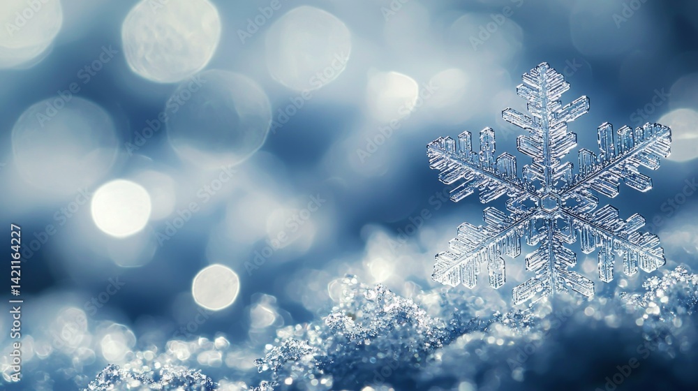 A snowflake on a blue background with bokeh lights A snowflake on a blue background with bokeh lights