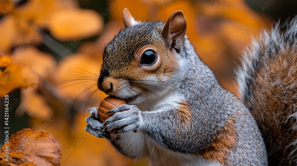 Fototapeta premium A squirrel eating a nut in front of a tree