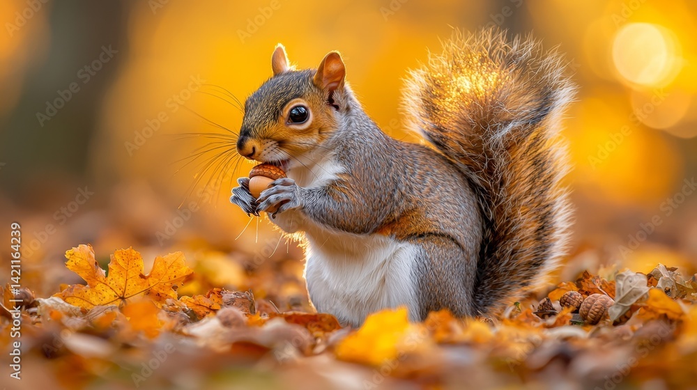 A squirrel eating a nut in a pile of leaves A squirrel eating a nut in a pile of leaves