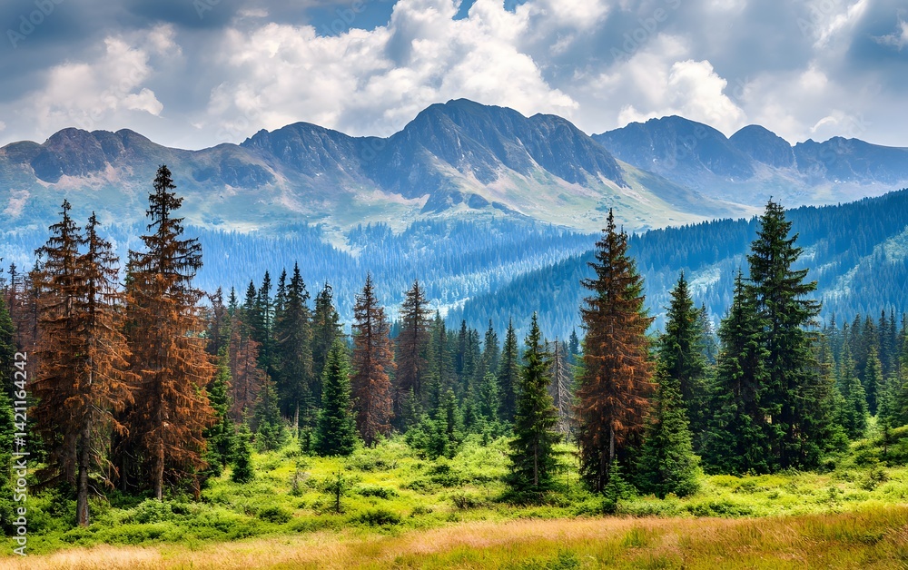 Majestic Mountain Range with Evergreen Forest Landscape Majestic Mountain Range with Evergreen Forest Landscape