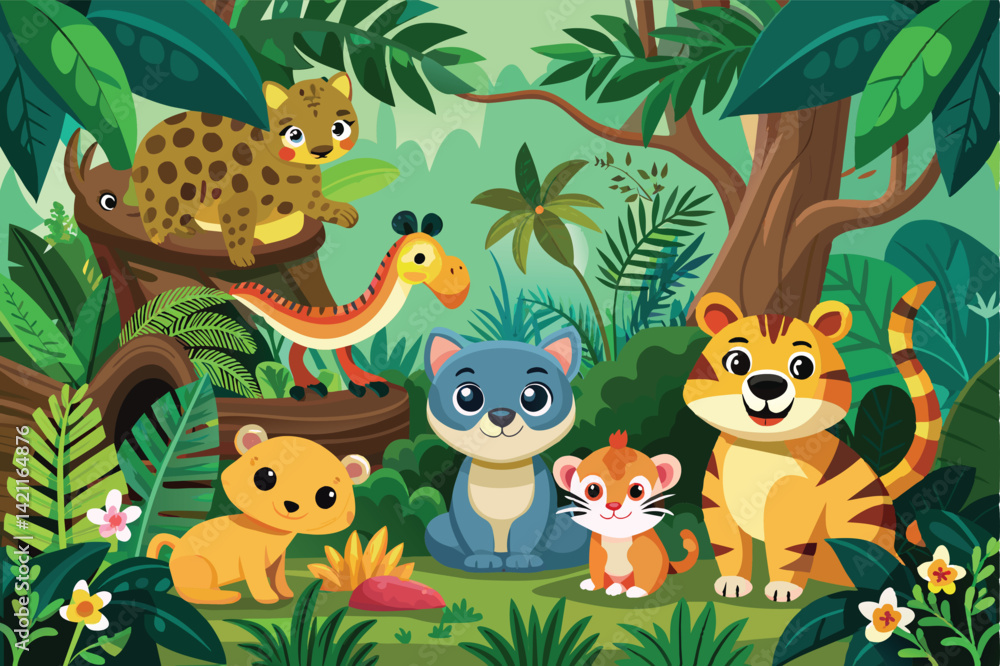 Naklejka premium Bright and colorful cartoon illustration featuring friendly jungle animals surrounded by lush greenery. Perfect for children's content and educational materials.