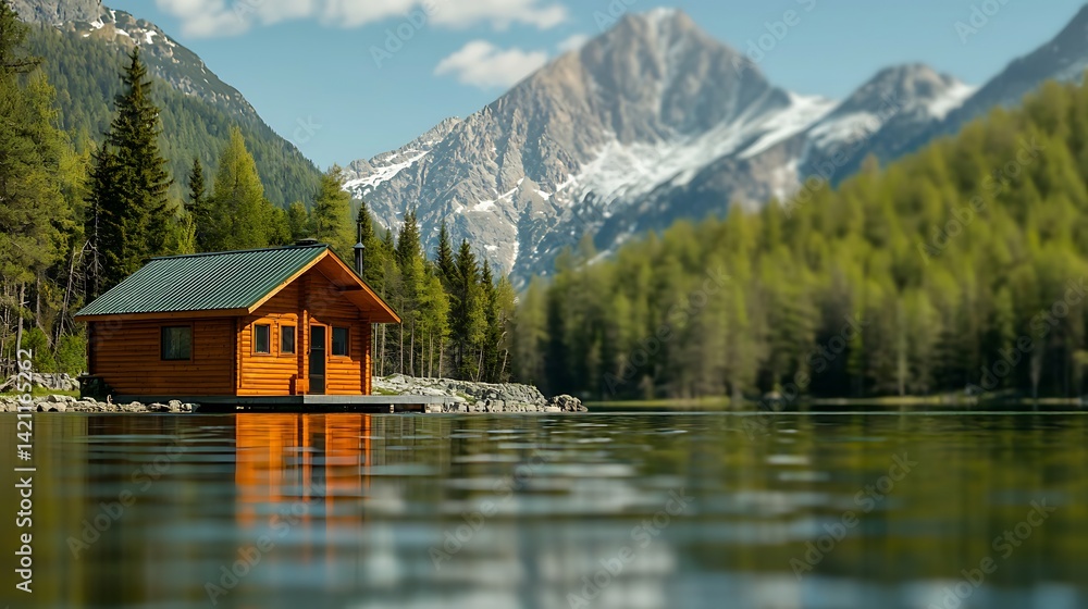 Naklejka premium Cabin sits lakeside, mountain backdrop, trees, reflecting in water; peaceful nature escape