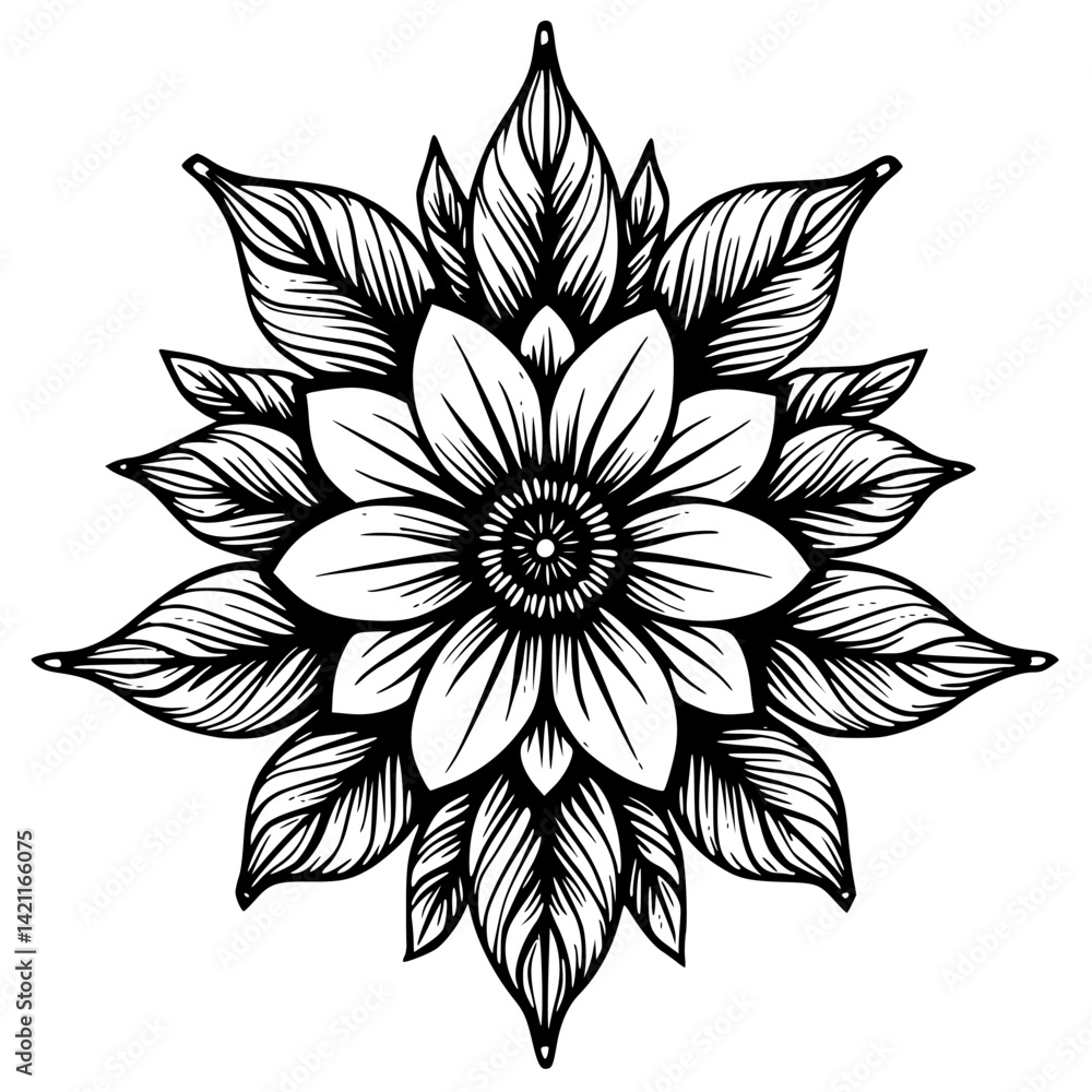 Fototapeta premium Black and White Floral Mandala Design, Vector Illustration, Artistic and Calming