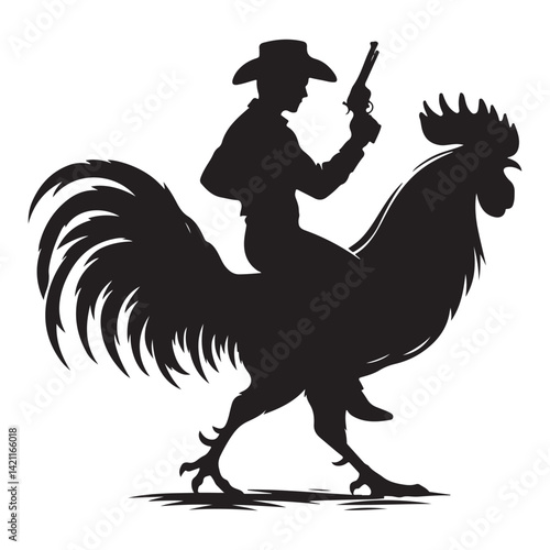 Silhouette Cowboy Riding Rooster Illustration a Wild West Fantasy
