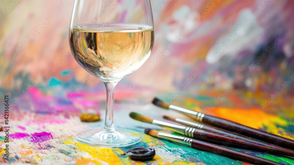 Obraz premium Artistic setup with a glass of white wine and paintbrushes on a vibrant painted surface, bright composition