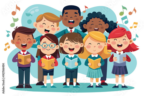 Illustration of happy and diverse children singing together in a choir, conveying friendship, music, and harmony through song and joyful expressions.
