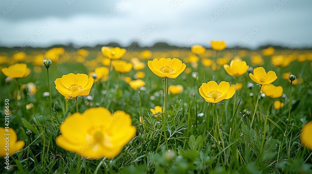 Fototapeta premium A field of yellow flowers with a cloudy sky in the background