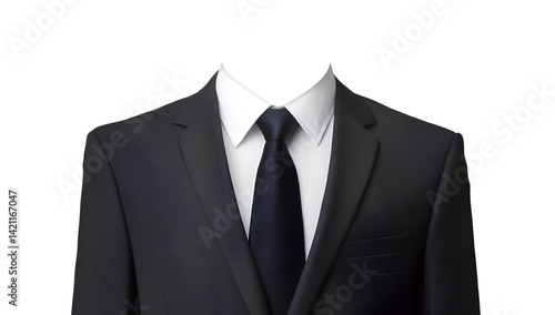  Background: transparent white. Photo of a suit and tie with no head, without a face.