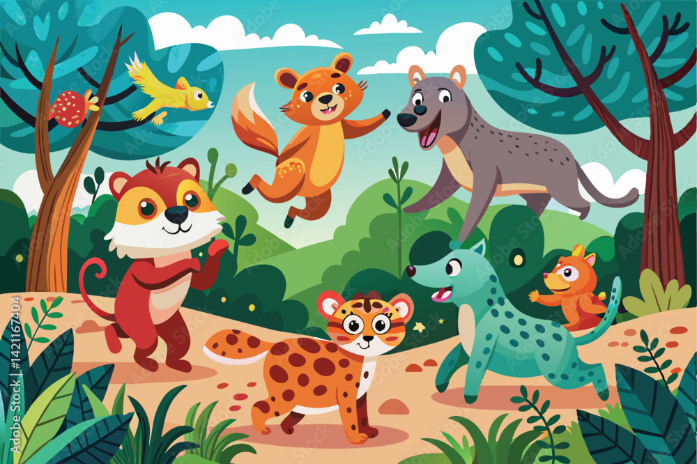 Naklejka premium A vibrant illustration of cartoon jungle animals having fun in a lively forest setting, showcasing friendship and adventure among various playful creatures.
