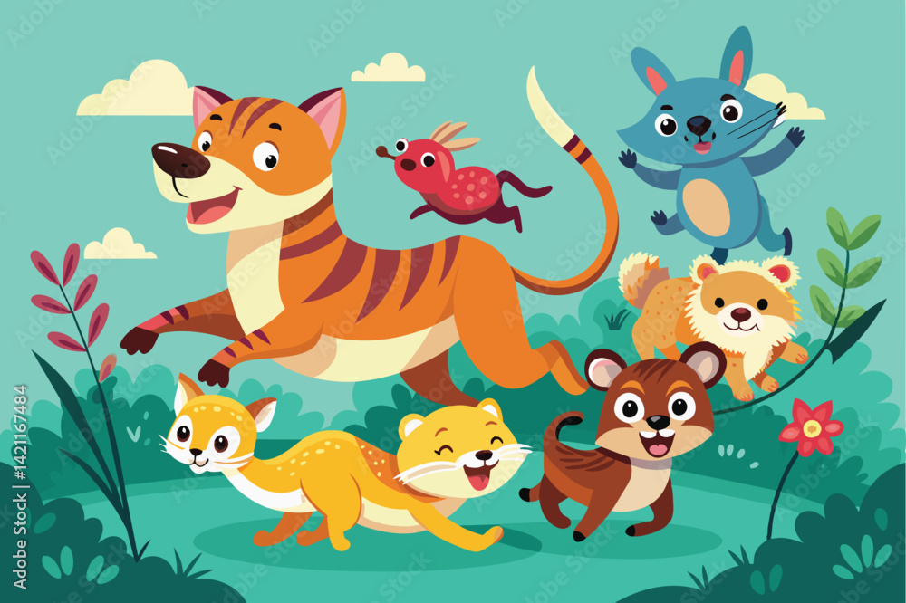 A vibrant illustration of cheerful cartoon animals frolicking in a lush, green environment. Ideal for children's books, educational materials, or playful design projects. A vibrant illustration of cheerful cartoon animals frolicking in a lush, green environment. Ideal for children's books, educational materials, or playful design projects.