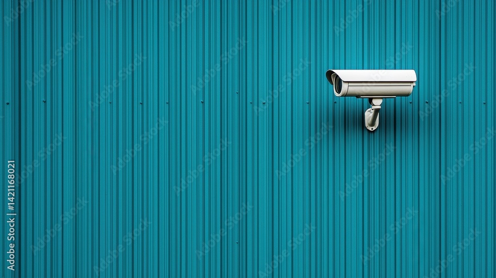 Security Camera Mounted on Blue Metal Wall with Vertical Stripes Security Camera Mounted on Blue Metal Wall with Vertical Stripes