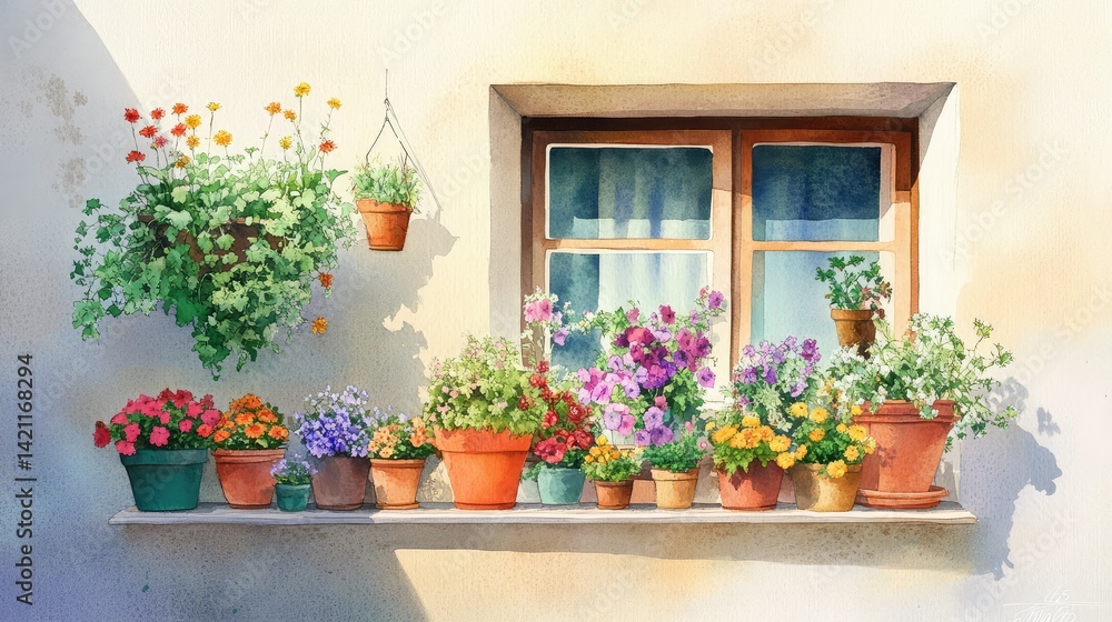 Naklejka premium Quaint flower store front captured in watercolor, overflowing with vibrant pots and rustic charm
