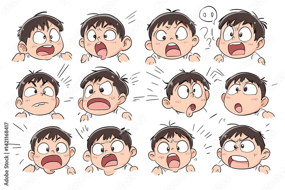Multiple Cartoon Character Expressions Displaying Diverse Emotions on White Background