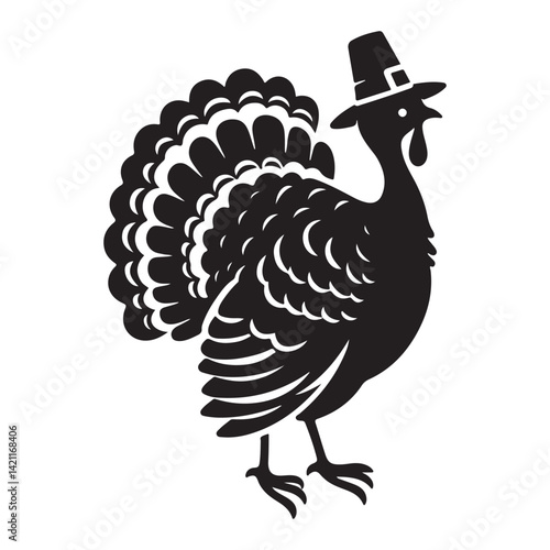 Silhouette Thanksgiving Turkey with Pilgrim Hat Holiday Vector Art