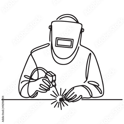 Continuous Line Welder Silhouette Professional Job Vector Illustration