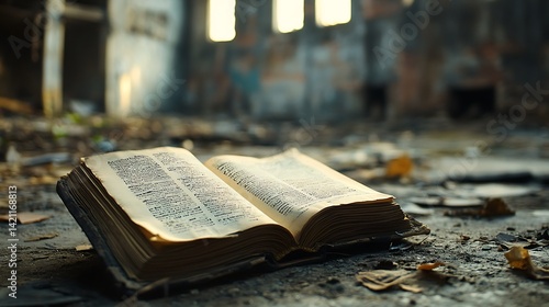 Open Antique Book With Textured Pages On Concrete Floor In Decayed Building