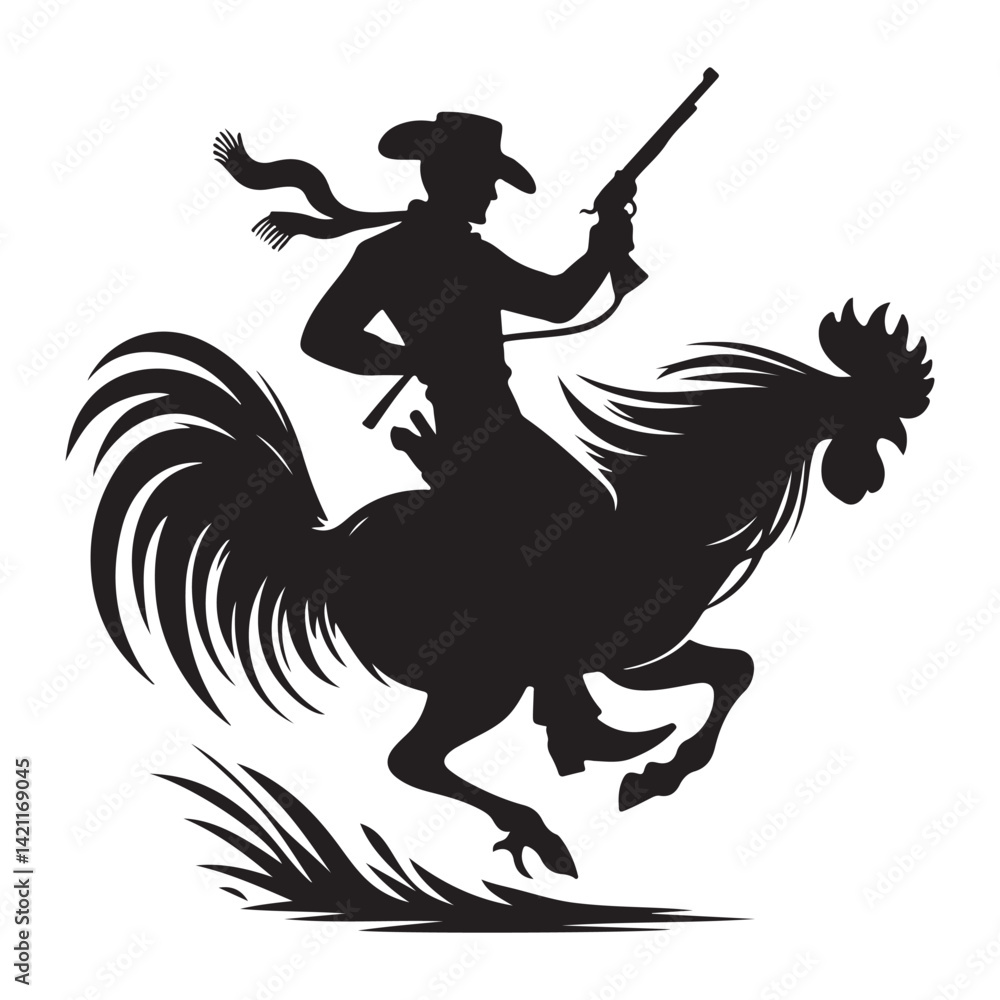 Fototapeta premium Funny Cowboy Riding a Rooster Silhouette with Gun Illustration