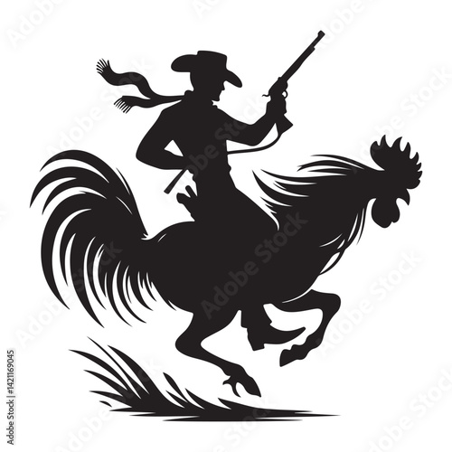 Funny Cowboy Riding a Rooster Silhouette with Gun Illustration