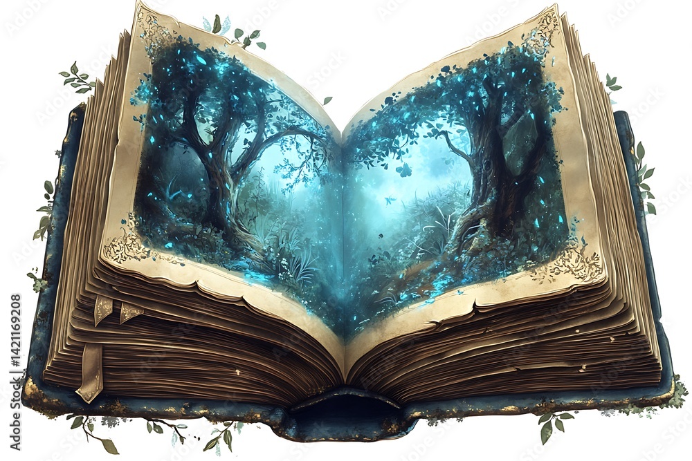 Open Book Illustration Featuring Illuminated Forest Scene Glowing Blue Hues and Detailed Texture