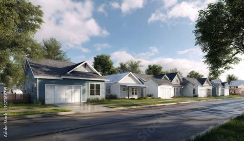 Wallpaper Mural Dream Suburban Houses Line a Tree-Lined Street on a Sunny Day, Idyllic Neighborhood Scenery, Peaceful Community Atmosphere. Torontodigital.ca