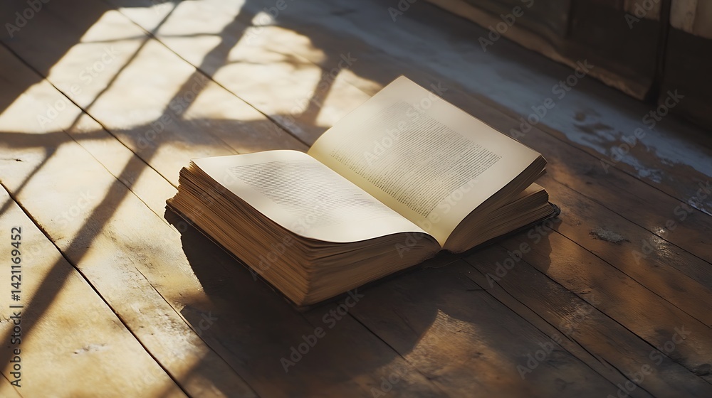 Open Vintage Book with Text on a Wooden Floor Illuminated by Sunlight