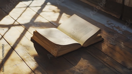 Obraz na płótnie Open Vintage Book with Text on a Wooden Floor Illuminated by Sunlight w salonie