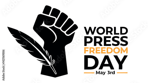 Raised Fist, Feather Quill, and Bold Typography on a White Background