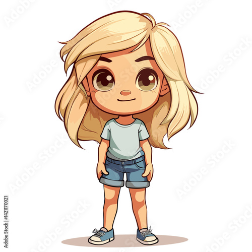 Cute little blonde girl in casual clothes. Vector cartoon illustration