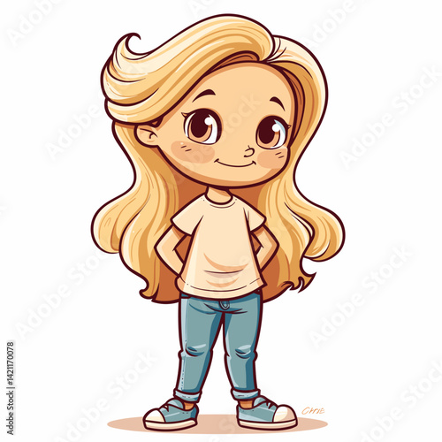 Cute little blonde girl in casual clothes. Vector cartoon illustration