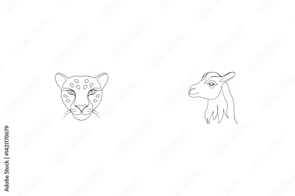 Fototapeta premium Simple Line Art Leopard Head And Alpaca Side View Outlines