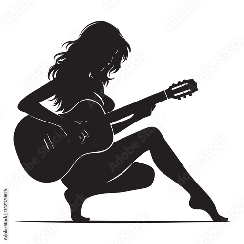 Silhouette Woman Playing Guitar Music Vector Illustration for Relaxation Art
