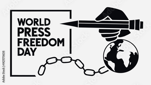World Press Freedom Day Monochrome Design Featuring Hand, Pencil and Globe Icon