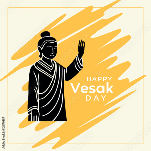 Buddha Silhouette with Waving Hand and 'Happy Vesak Day' Text on Yellow Pattern