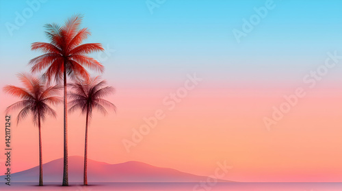 Three Palm Trees Silhouette at Sunset, Pink and Blue Gradient Sky