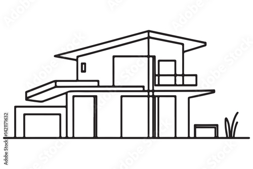 Modern House Architectural Drawing Vector Illustration for Real Estate