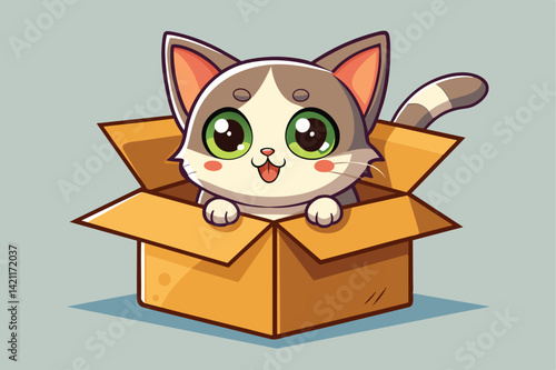 Adorable cartoon cat with big eyes sitting inside an open cardboard box. Playful and charming illustration perfect for kids and pet lovers.