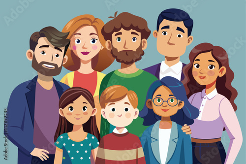 Illustration of a cheerful and diverse group of seven people of different ages smiling. Represents community, friendship, and unity. Ideal for concepts of diversity and togetherness.
