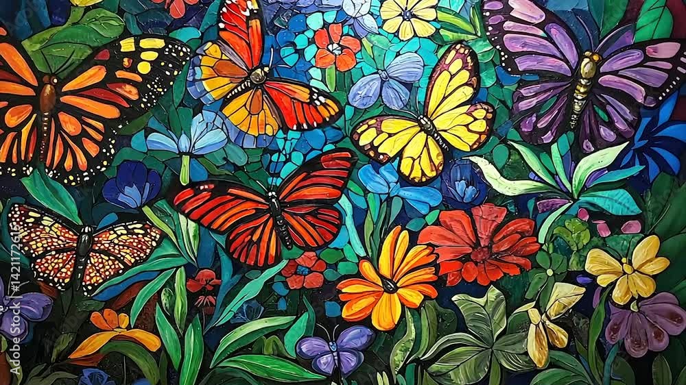 Vibrant butterflies flutter amidst a profusion of colorful flowers Vibrant butterflies flutter amidst a profusion of colorful flowers
