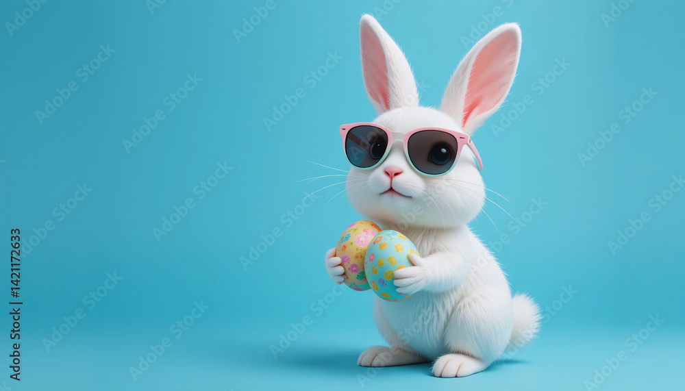 Naklejka premium Cool Easter Bunny with Decorated Eggs on Blue Background Fun Kids Art, Holiday Design, Party and Gift Use