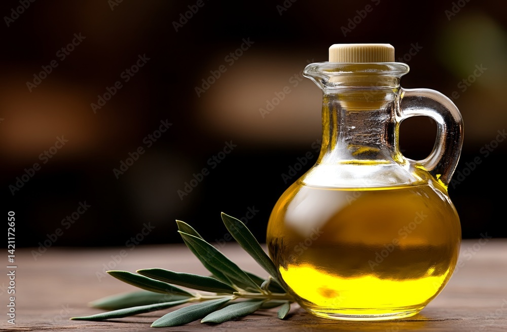 A bottle of olive oil next to a sprig of olive A bottle of olive oil next to a sprig of olive