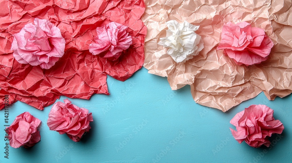 A bunch of pink and white crumpled paper flowers on a blue background