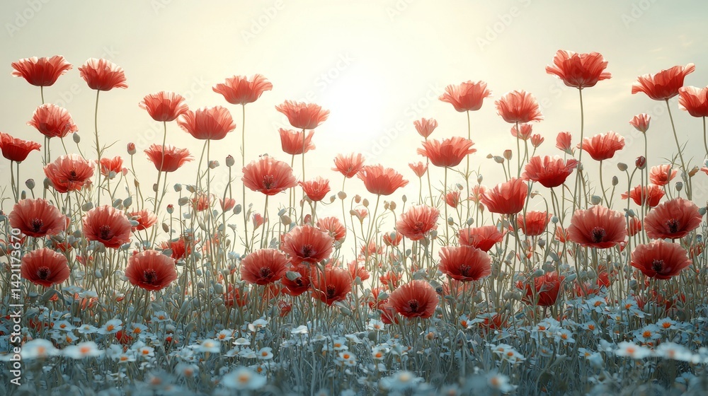 Obraz premium A field of red poppies and daisies in the middle of a field