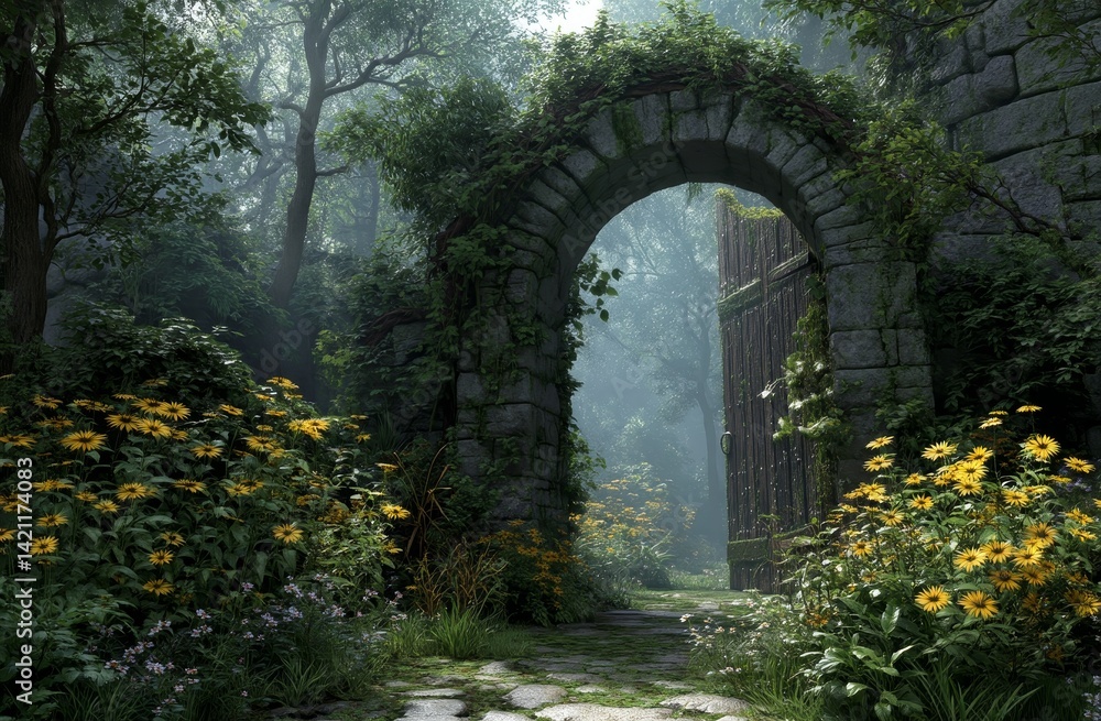 Fototapeta premium Stone Archway Gate Opens to Misty Forest Path, Adorned with Yellow Flowers and Lush Greenery