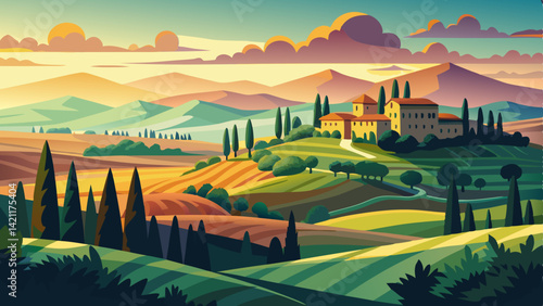 Amazing Italian countryside landscape. Hill landscape with pines and cypresses. Morning scenery with beautiful sunrise light
