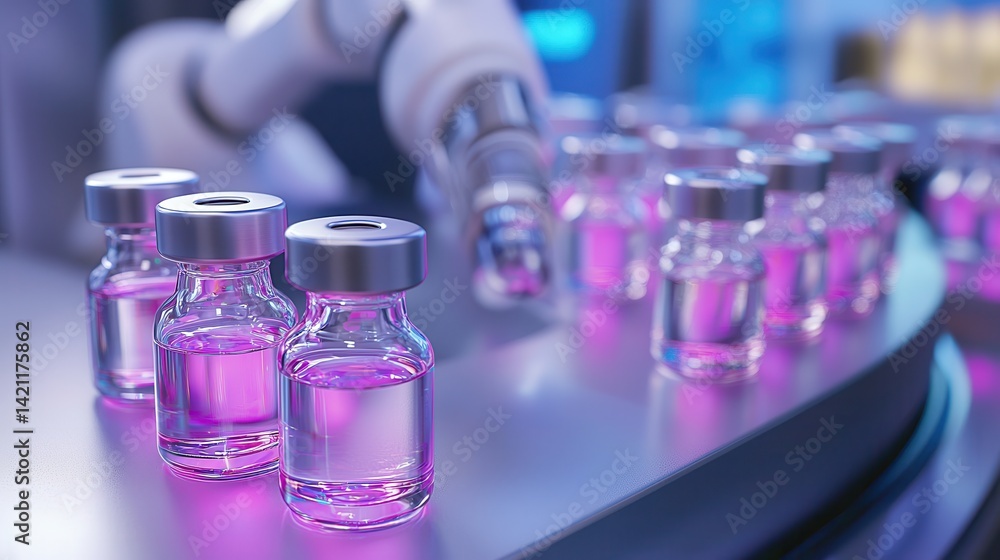 Pharmaceutical manufacturing sterile environment Laboratory scene with robotic arm and glass vials on a conveyor belt. Pharmaceutical manufacturing sterile environment Laboratory scene with robotic arm and glass vials on a conveyor belt.