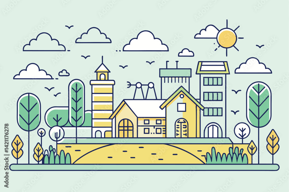 Naklejka premium A vibrant minimalist illustration depicting a cityscape with colorful buildings, trees, and a bright sun, conveying urban life and natural harmony.