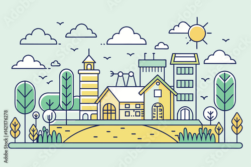 A vibrant minimalist illustration depicting a cityscape with colorful buildings, trees, and a bright sun, conveying urban life and natural harmony.